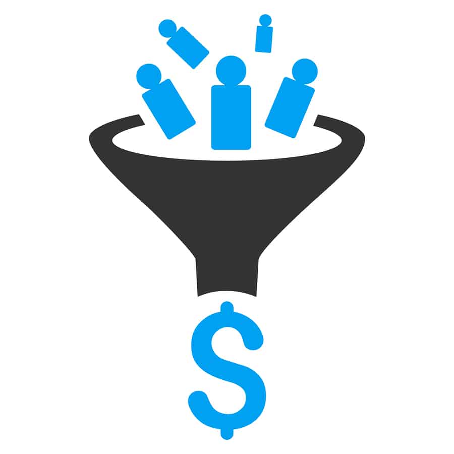 Sales Funnel glyph icon. Style is bicolor flat symbol, blue and gray colors, white background.