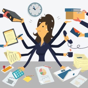 Businesswoman working with eight hands, representing to very busy business concept.