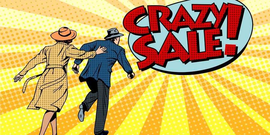 Crazy sale super discounts pop art retro style. The family runs to the store